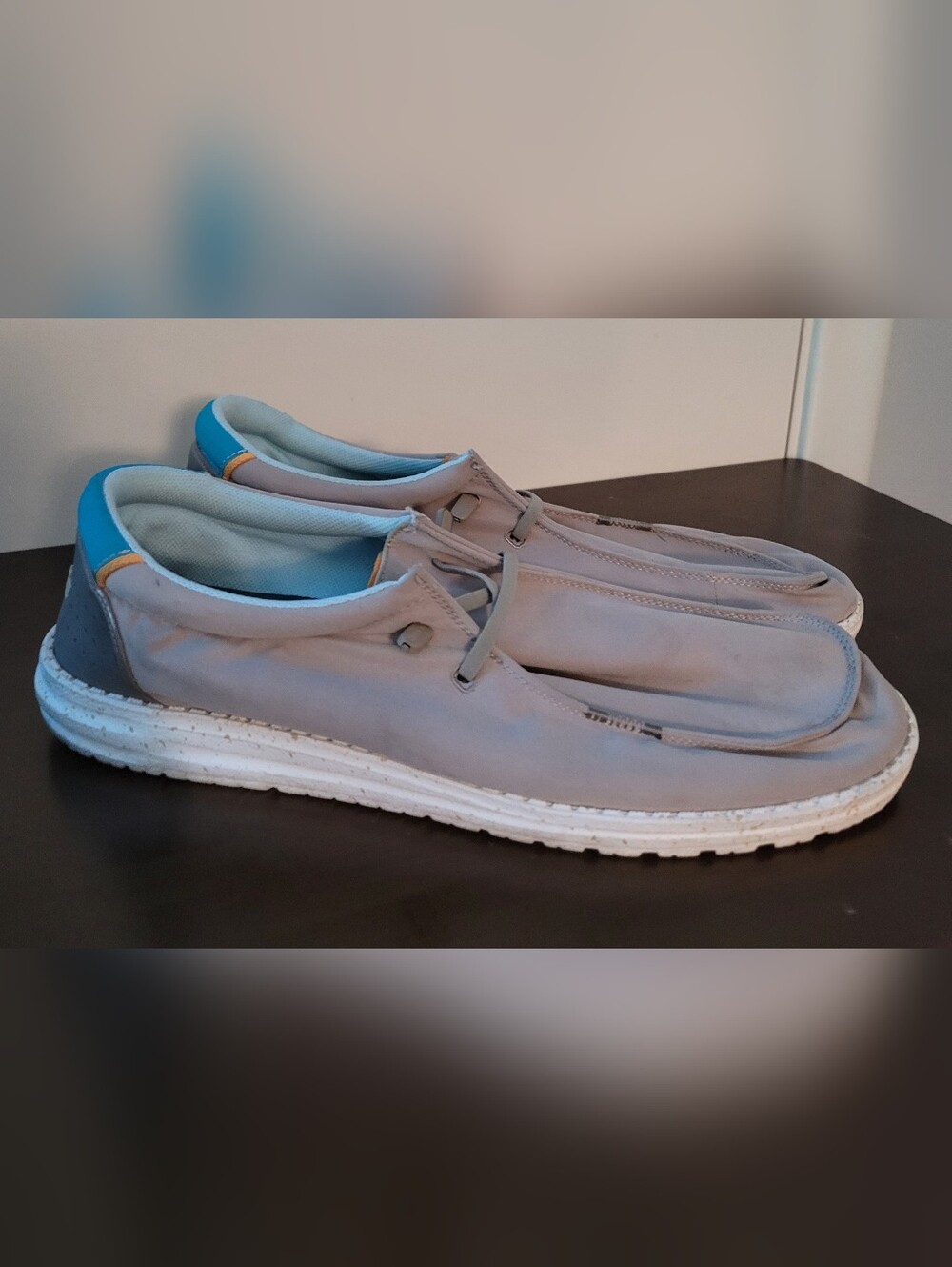 Hey Dude Wally Safari Gray Slip-On Loafers with Blue Heel Accent Mens Size 14